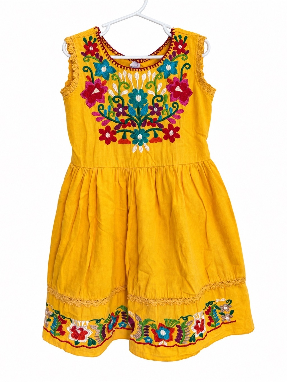 Vintage Southwestern Yellow Embroidered Floral 100% Cotton Dress Girls Size 7/8